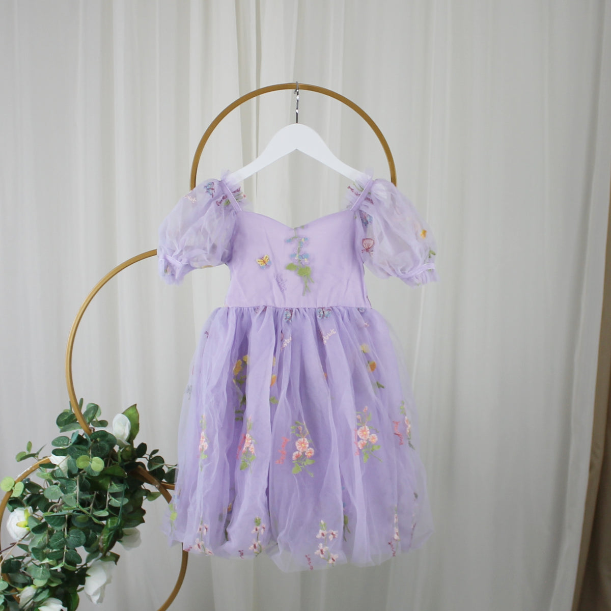 Lavender flower girl dress with floral embroidery wildflowers