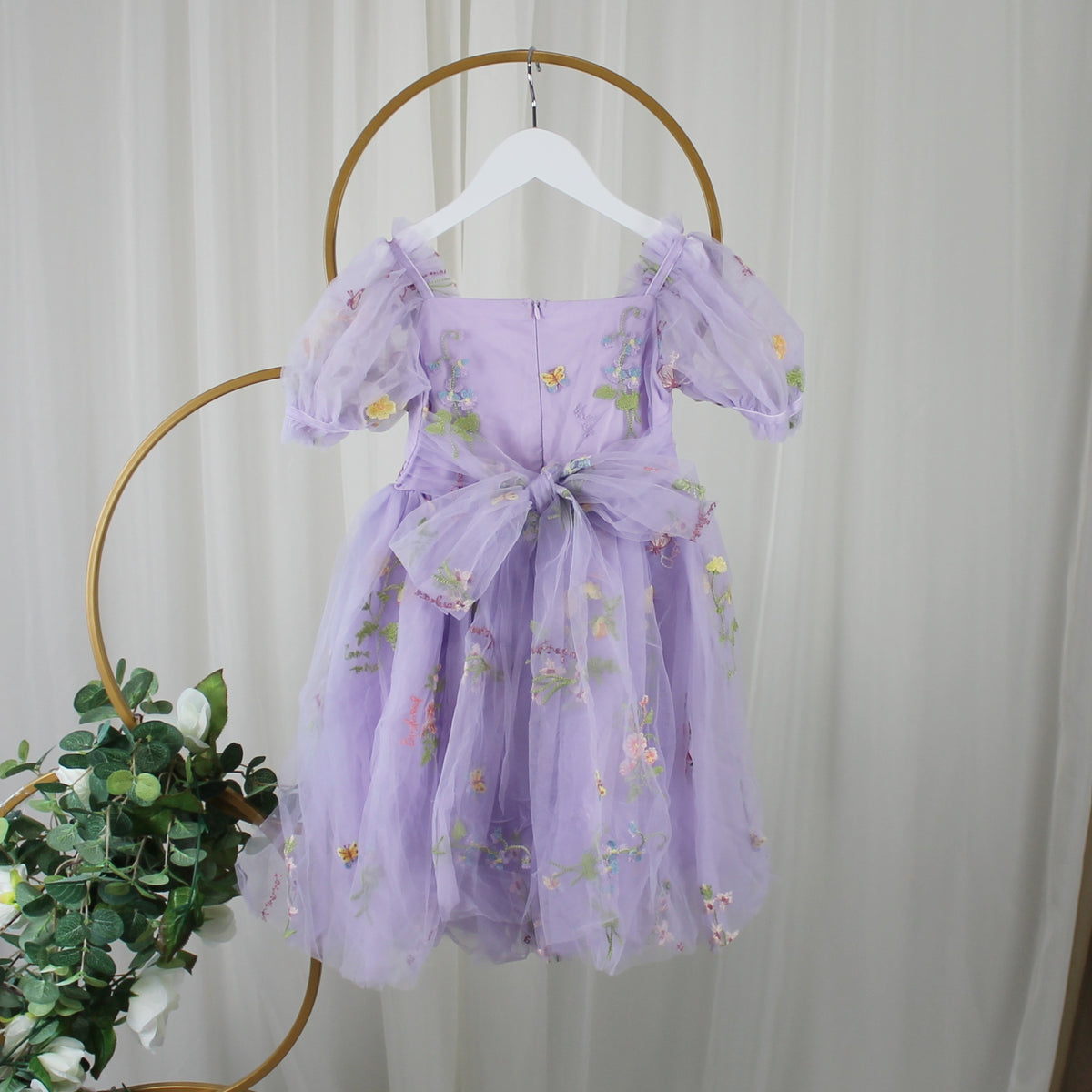 Lavender flower girl dress with floral embroidery wildflowers
