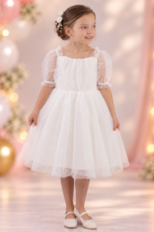 Girls Birthday Dress | White Swiss Dot Tulle