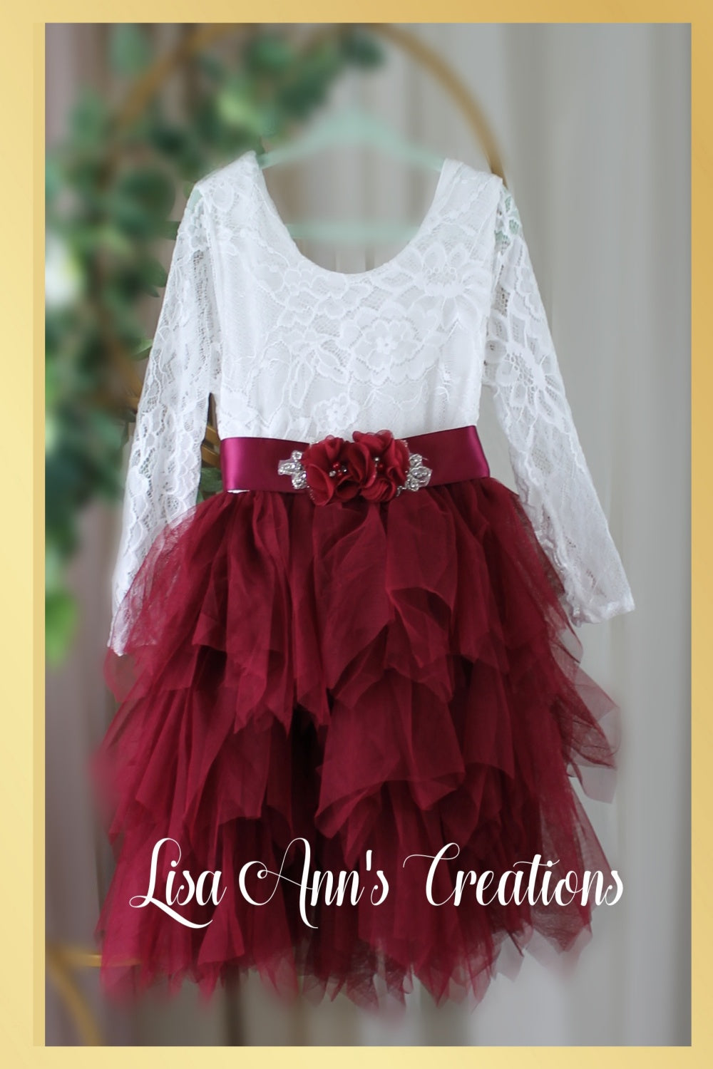 flower girl dress long sleeve knee length in burgundy tulle