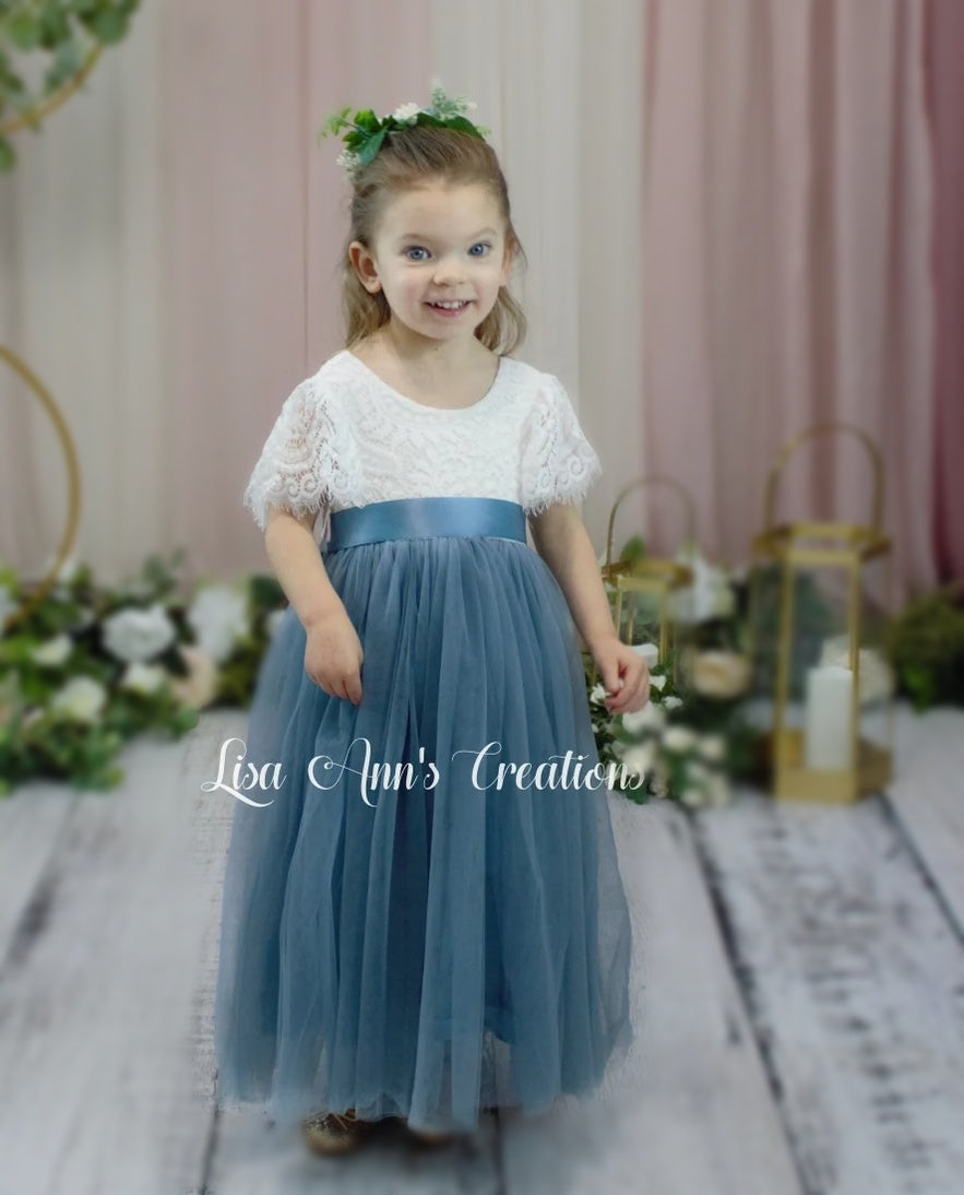 Flower Girl Dress Short Sleeve Dusty Blue Tulle Junior Bridesmaid Dress ...