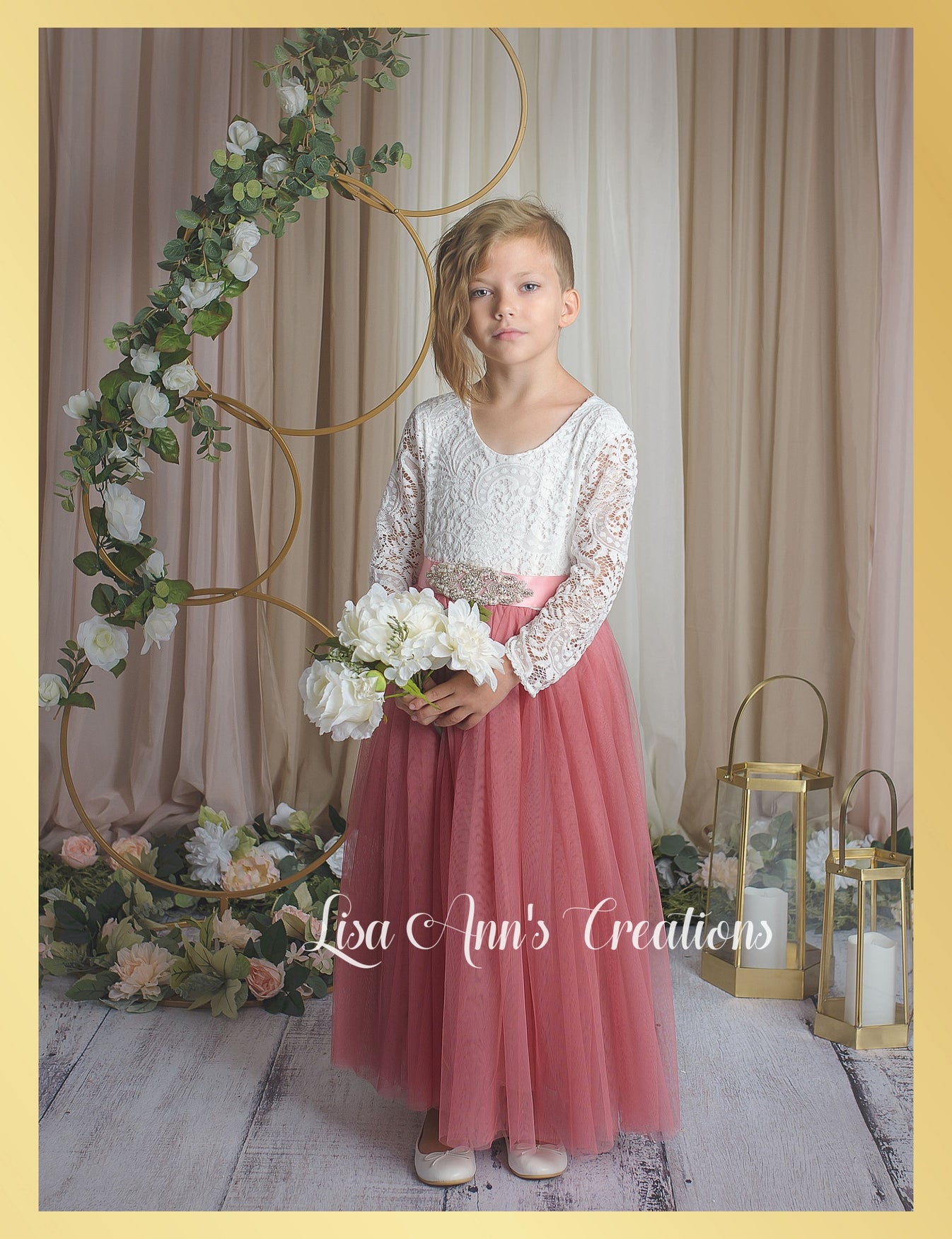 Flower Girl Dress Long Sleeve Dusty Rose Tulle Junior Bridesmaid Dress ...